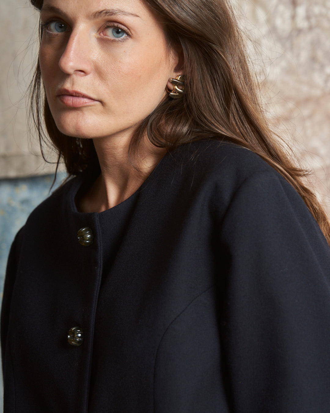Giacca anni 70 in lana blu navy girocollo bottoni caramella