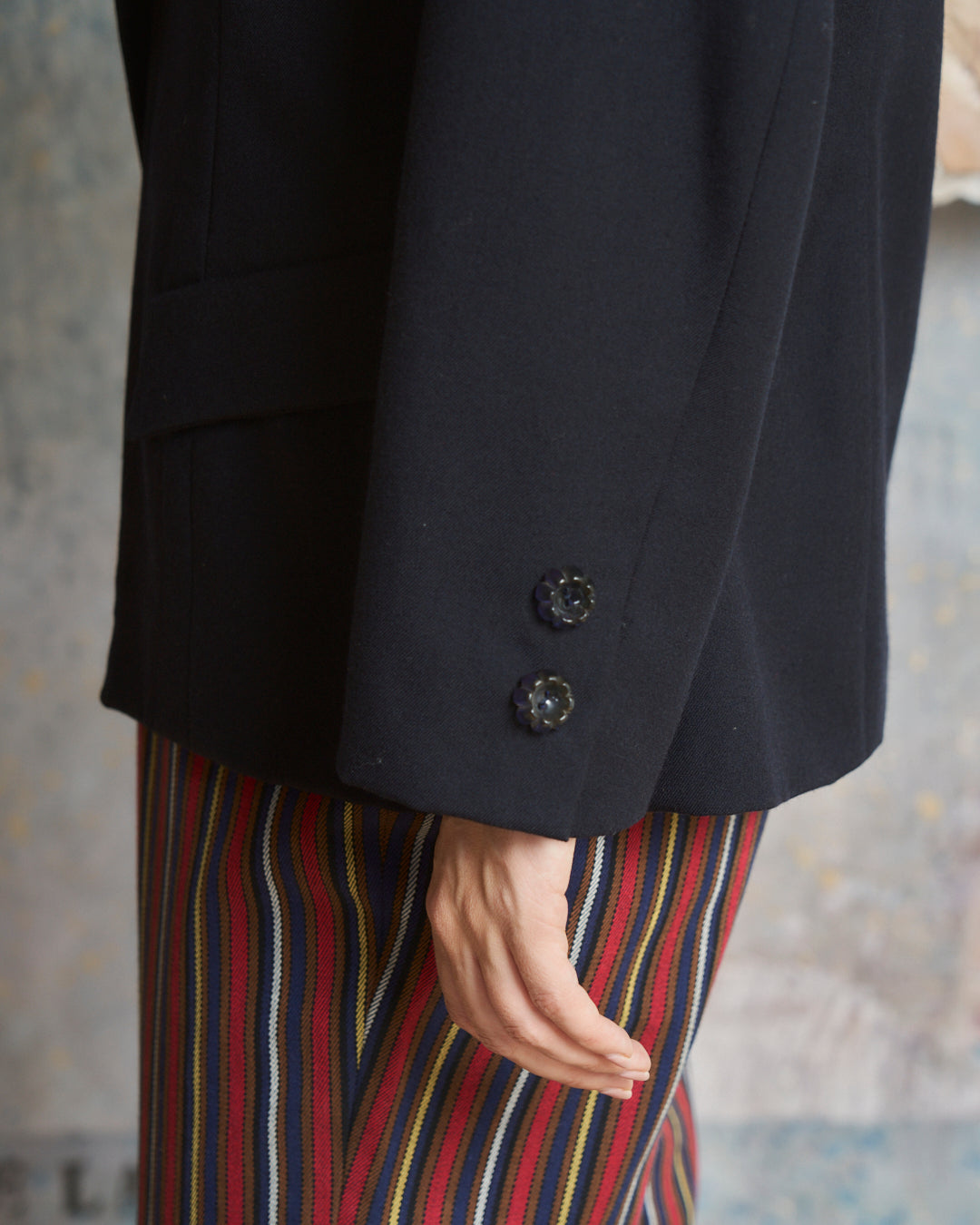 Giacca anni 70 in lana blu navy girocollo bottoni caramella