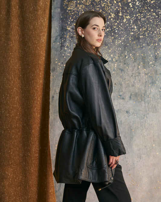 Giacca in pelle con coulisse nera