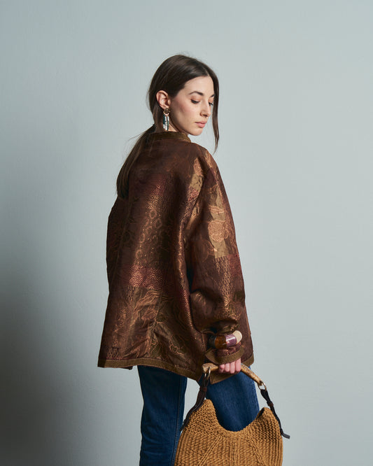 Giacca tapestry in tessuto Jacquard ampia con collo coreano