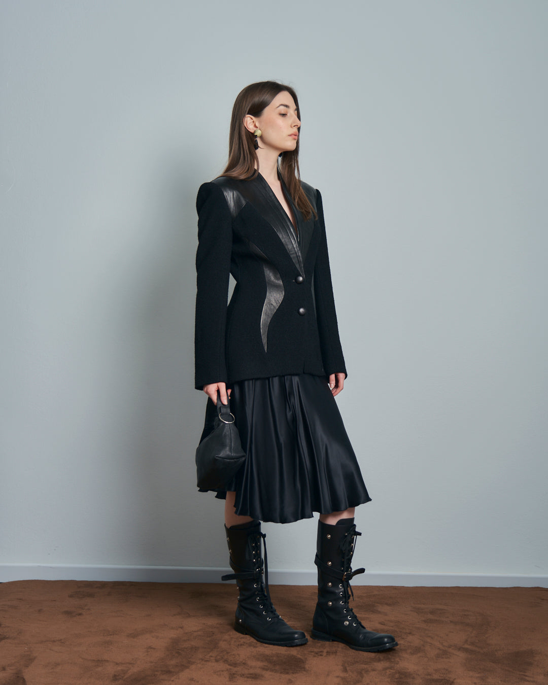 Giacca in lana e pelle made in France anni 80 modello Mugler