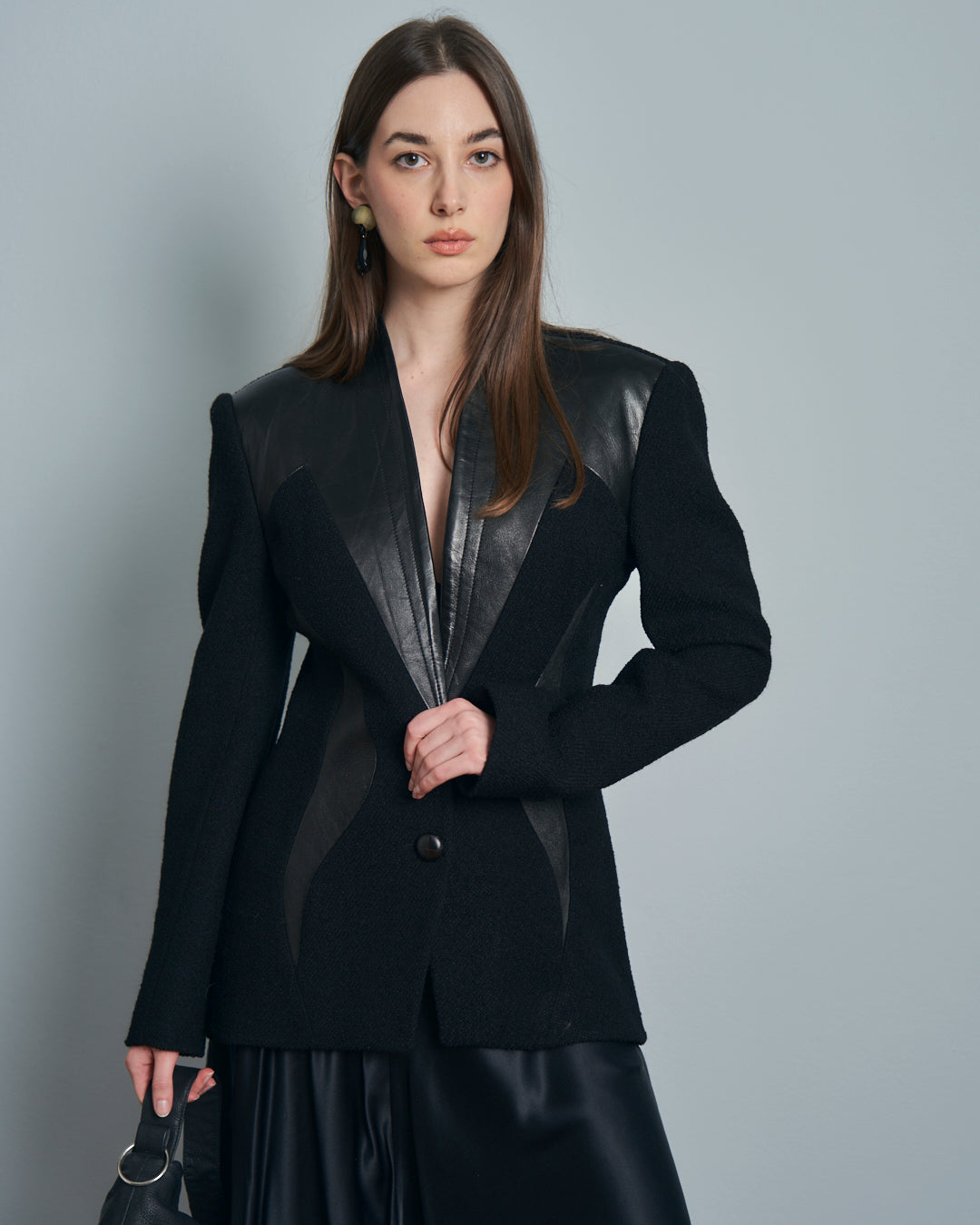 Giacca in lana e pelle made in France anni 80 modello Mugler