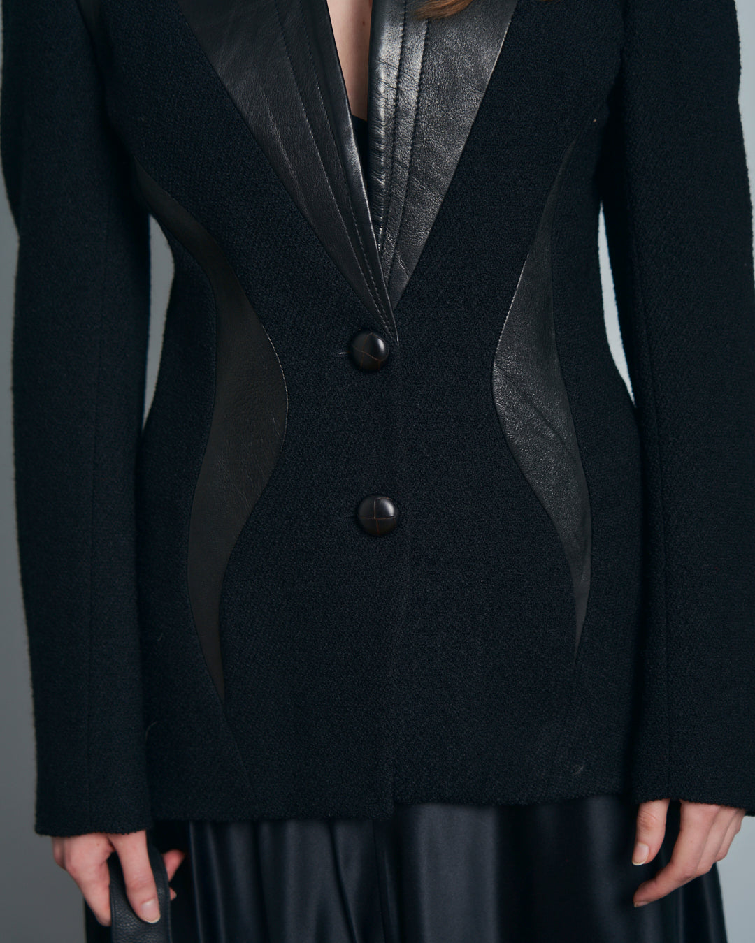Giacca in lana e pelle made in France anni 80 modello Mugler