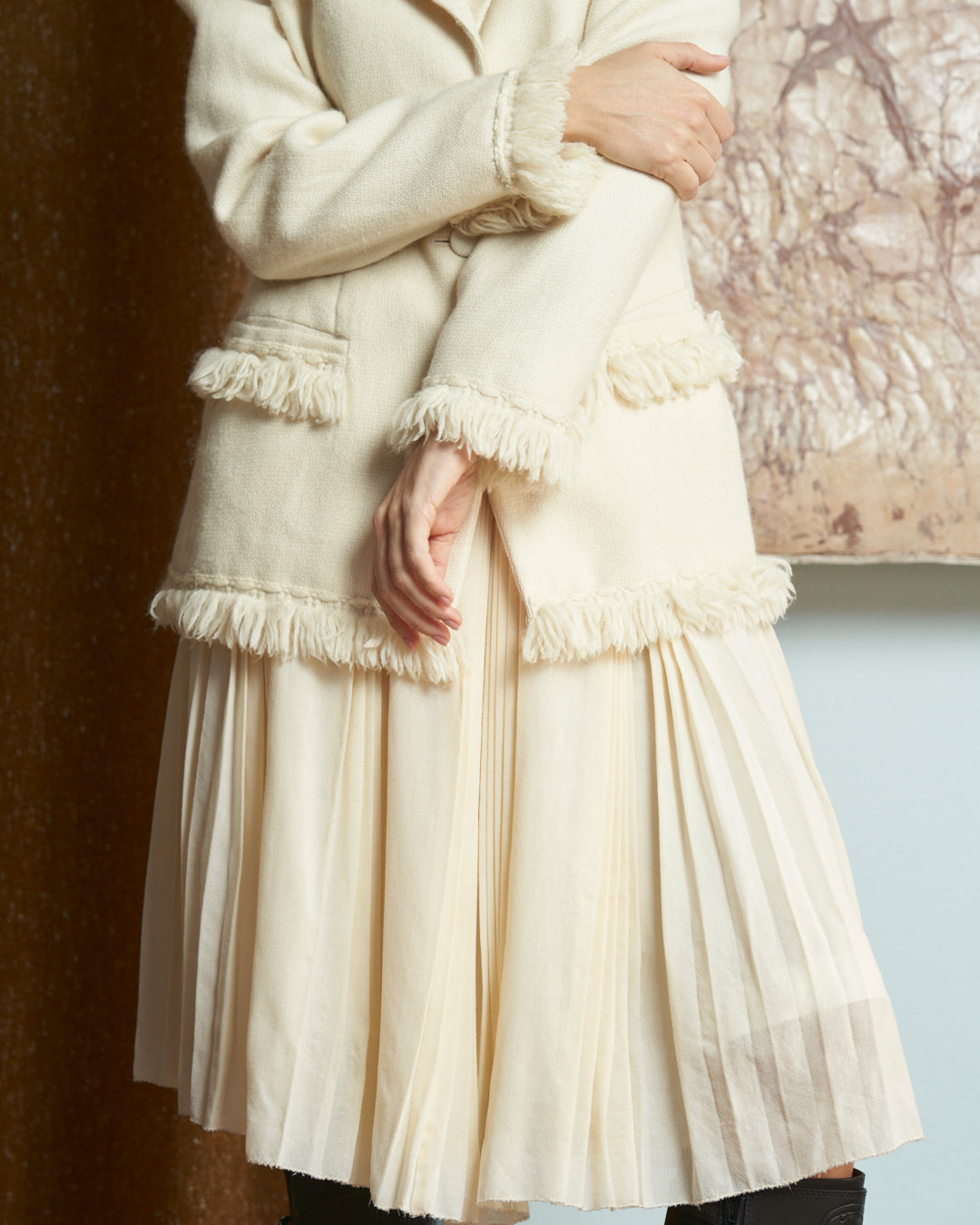 Giacca monopetto in lana e alpaca panna con frange