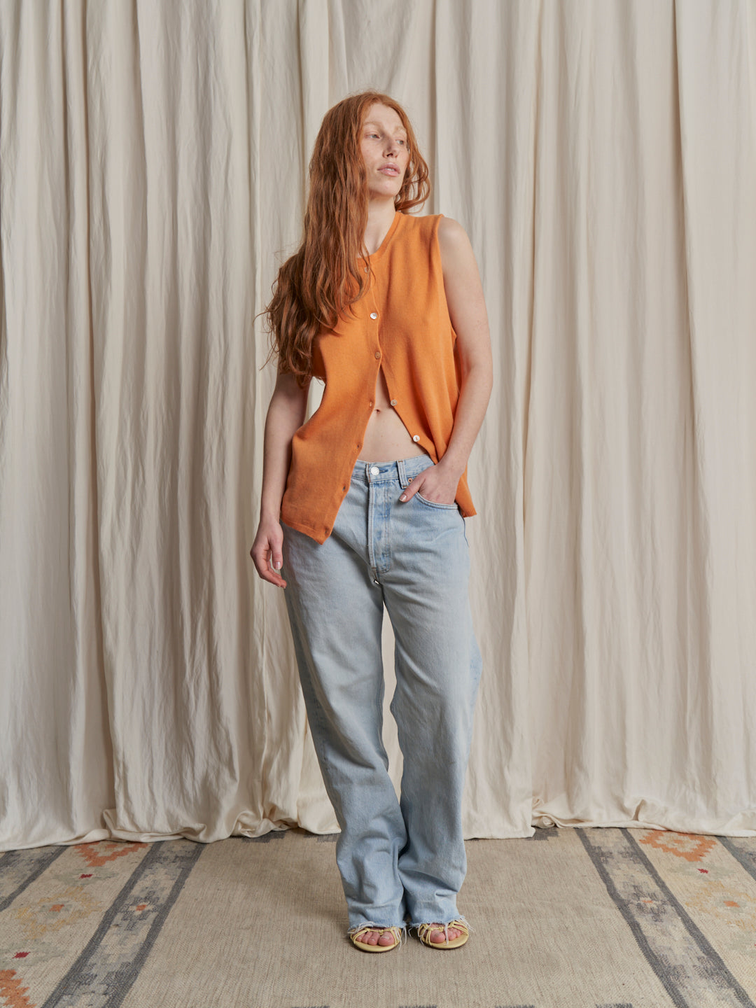 Gilet in maglia cachemere arancione vintage bottoni madreperla