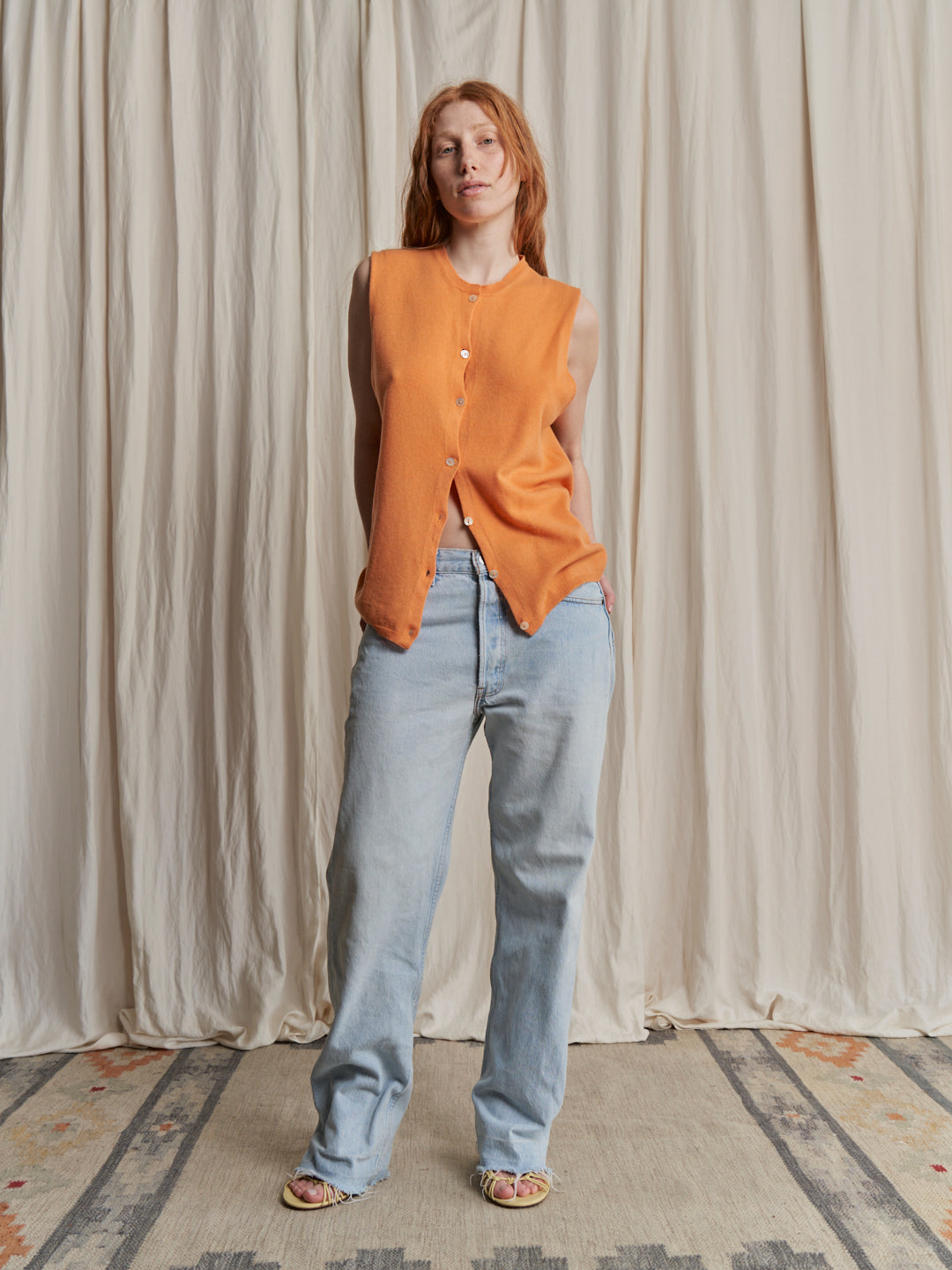 Gilet in maglia cachemere arancione vintage bottoni madreperla