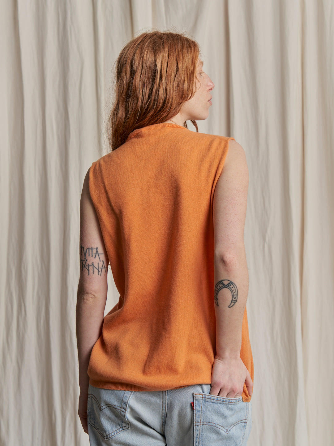 Gilet in maglia cachemere arancione vintage bottoni madreperla