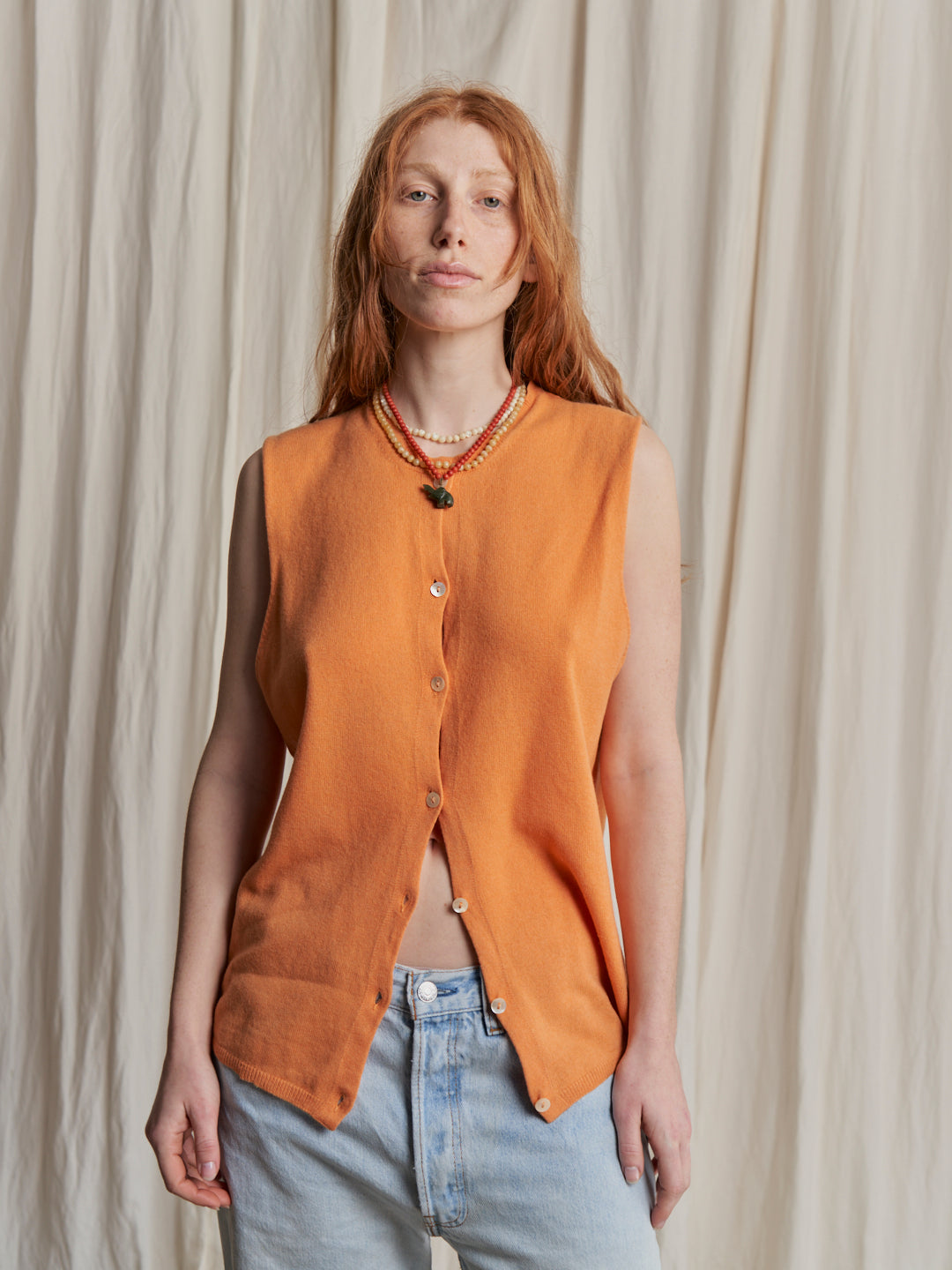 Gilet in maglia cachemere arancione vintage bottoni madreperla