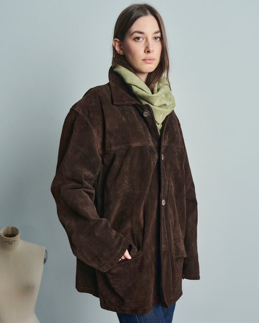 Giubbotto in pelle scamosciata marrone con tasche