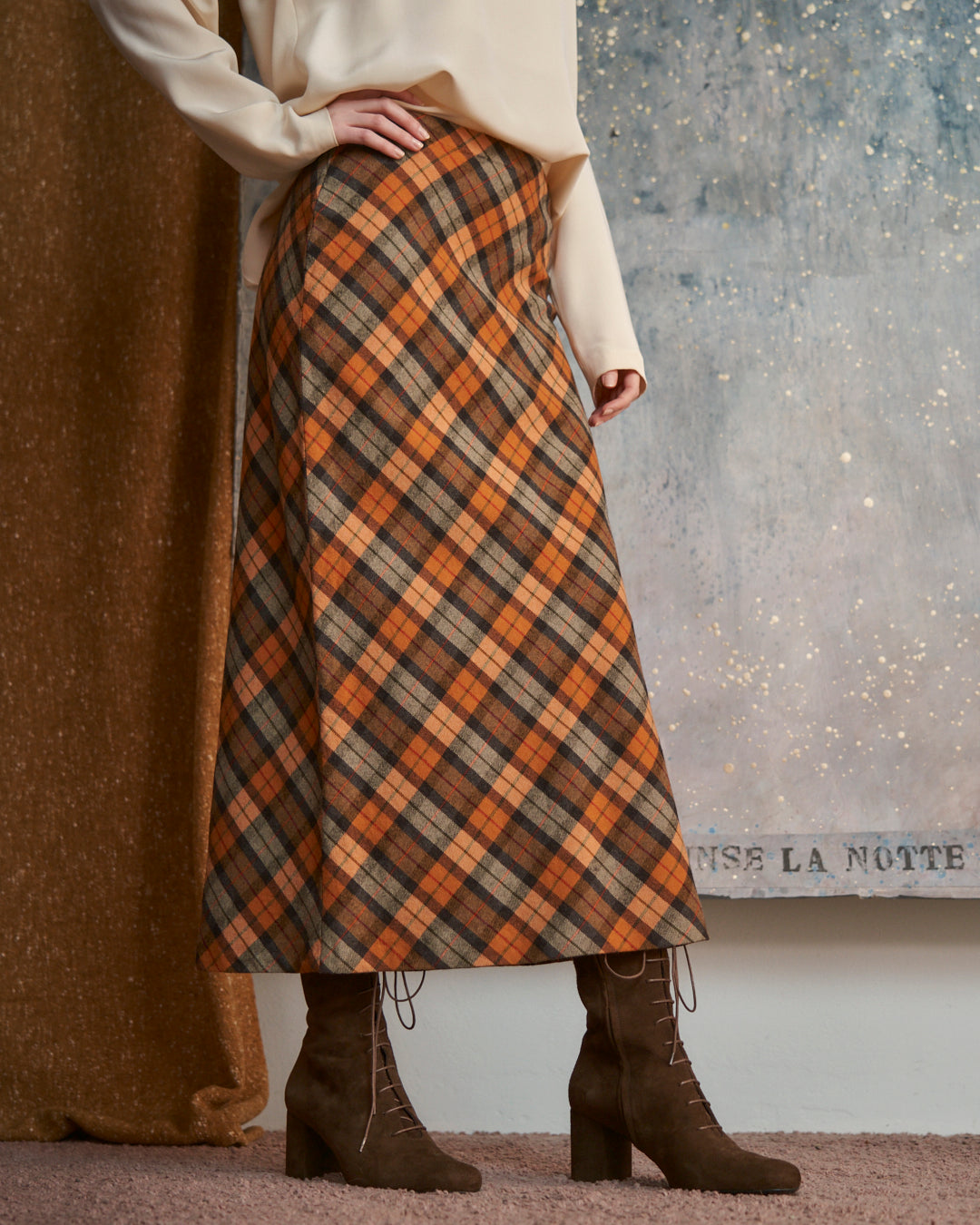 Gonna in lana vergine tartan godet