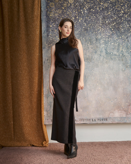 Gonna a portafogli in lana grigio antracite melange con profilo in velluto