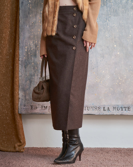 Gonna a portafogli marrone in lana con bottoni