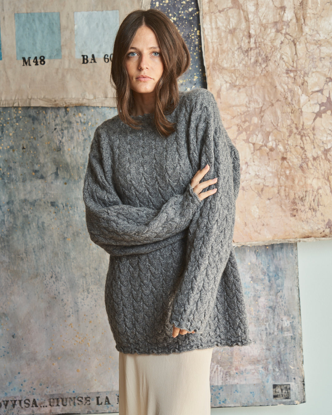 Maglione in cachemere scozzese a trama intrecciata grigio