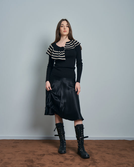 T-shirt in lana a coste con con collo rouches a righe Jean Paul Gaultier MAILLE