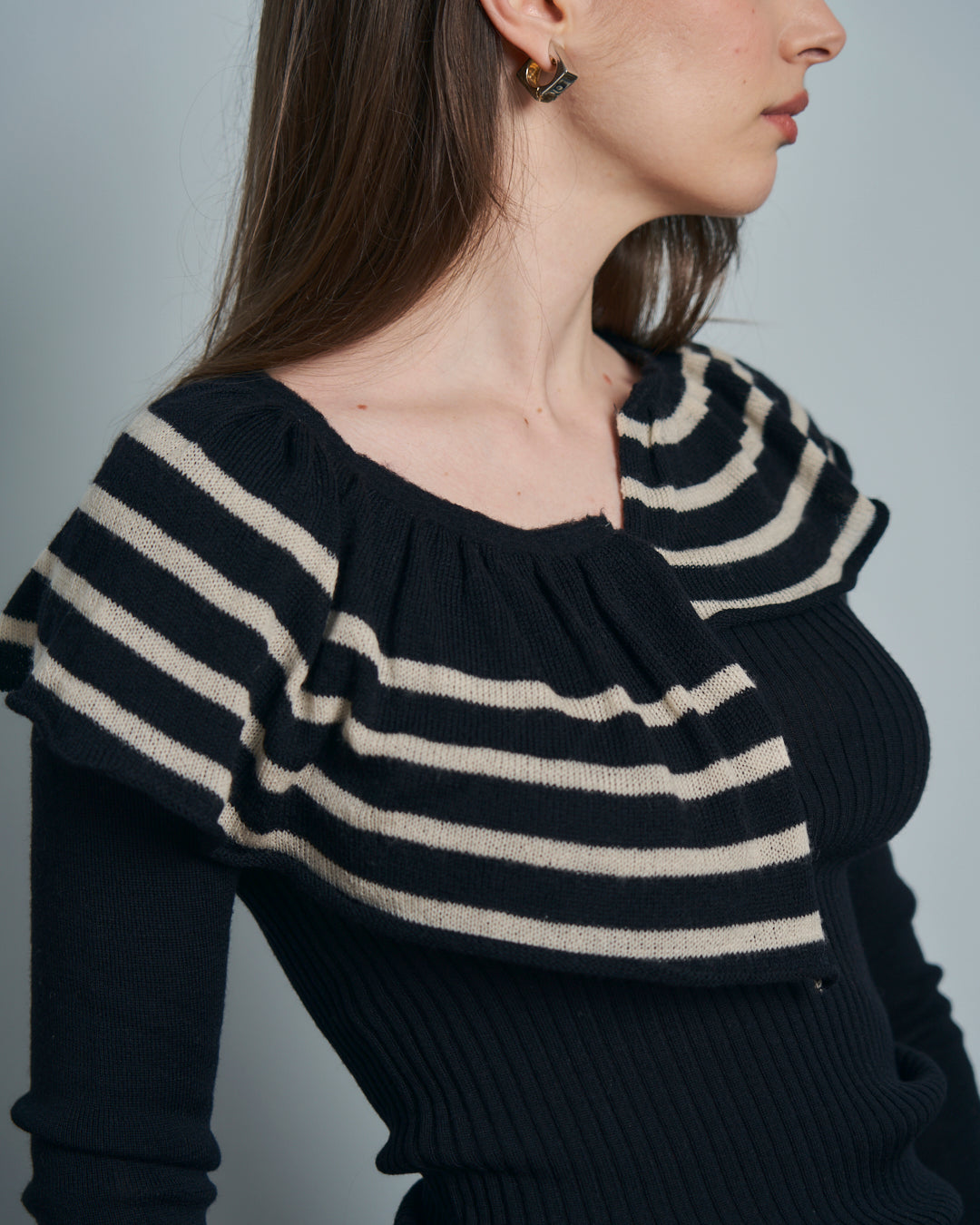 T-shirt in lana a coste con con collo rouches a righe Jean Paul Gaultier MAILLE