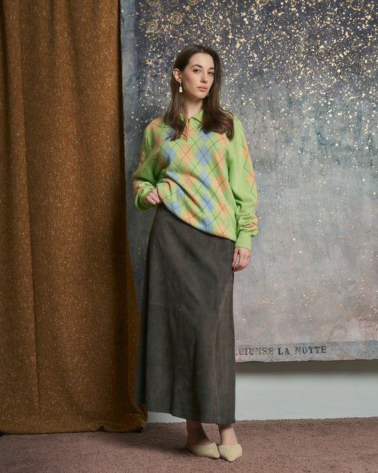 Maglia in cashmere polo a intarsi a rombi pastello