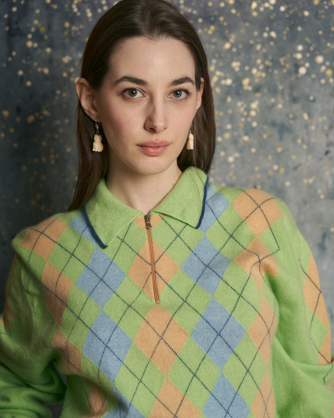 Maglia in cashmere polo a intarsi a rombi pastello