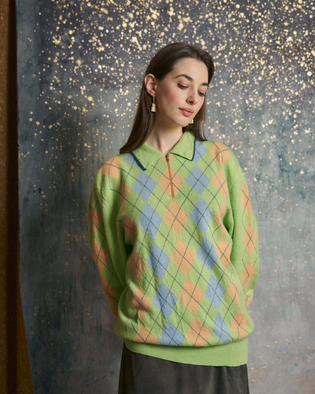 Maglia in cashmere polo a intarsi a rombi pastello