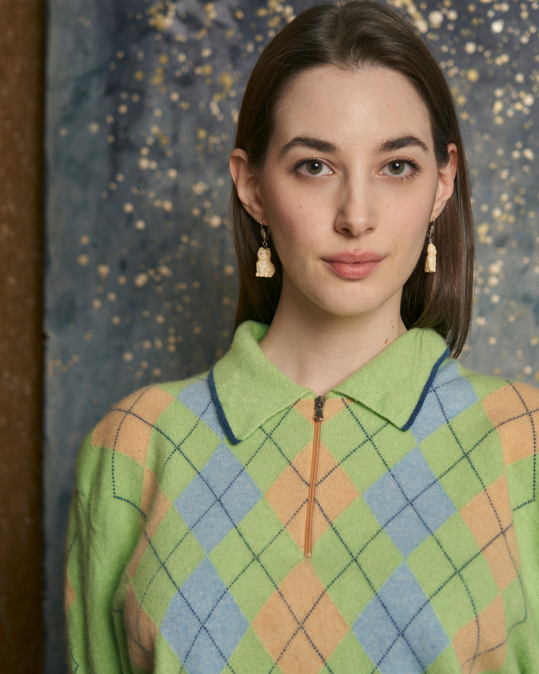 Maglia in cashmere polo a intarsi a rombi pastello