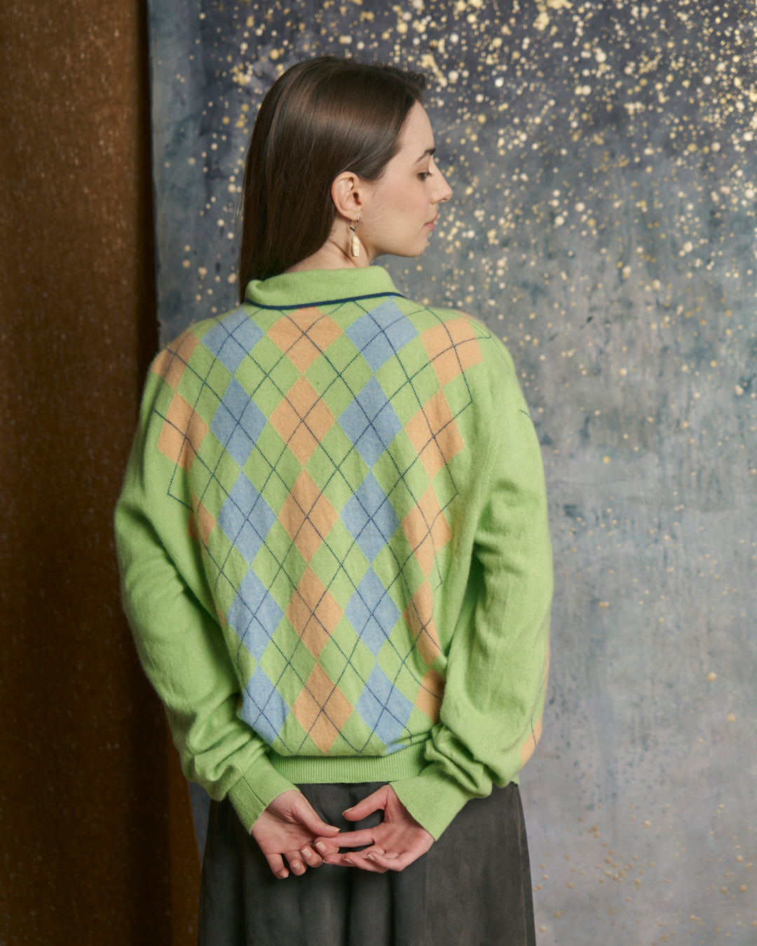 Maglia in cashmere polo a intarsi a rombi pastello