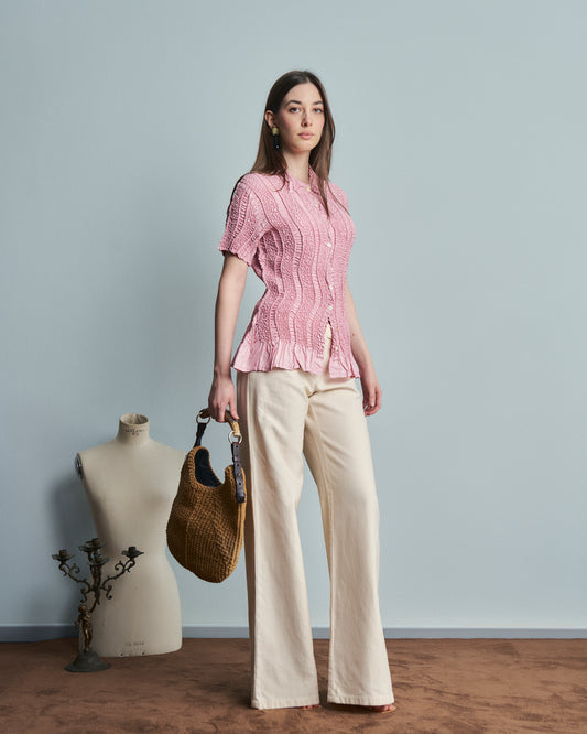 Pantaloni in cotone e seta Ann Demeulemeester con cintura asimmetrica davanti vita bassa