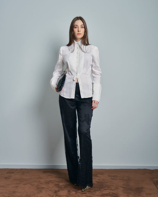 Pantaloni La Perla in pizzo, raso e ciniglia neri svasati