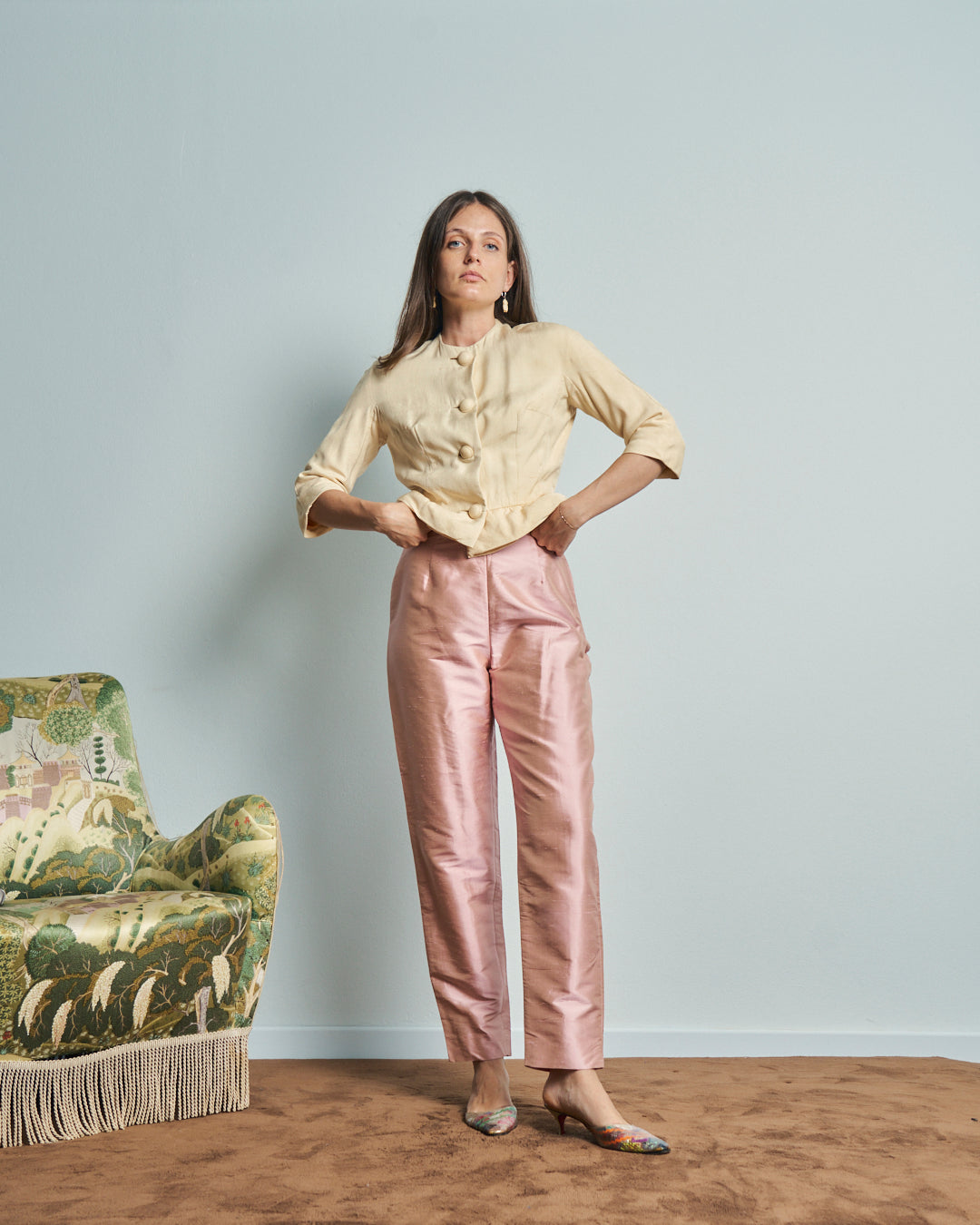 Pantaloni in seta shantung rosa anni 90