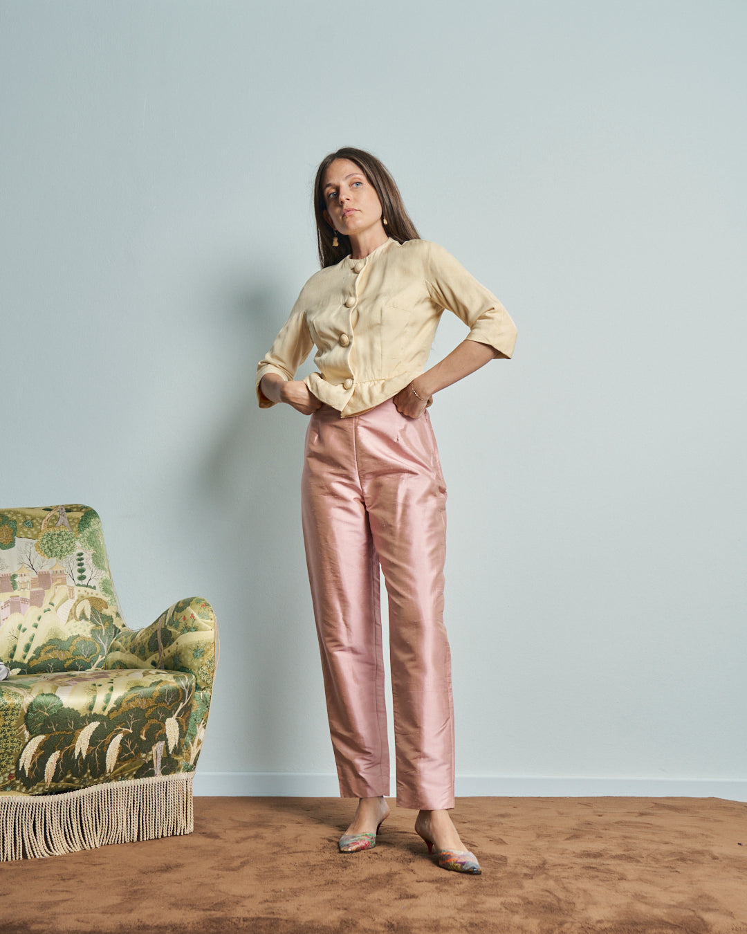 Pantaloni in seta shantung rosa anni 90