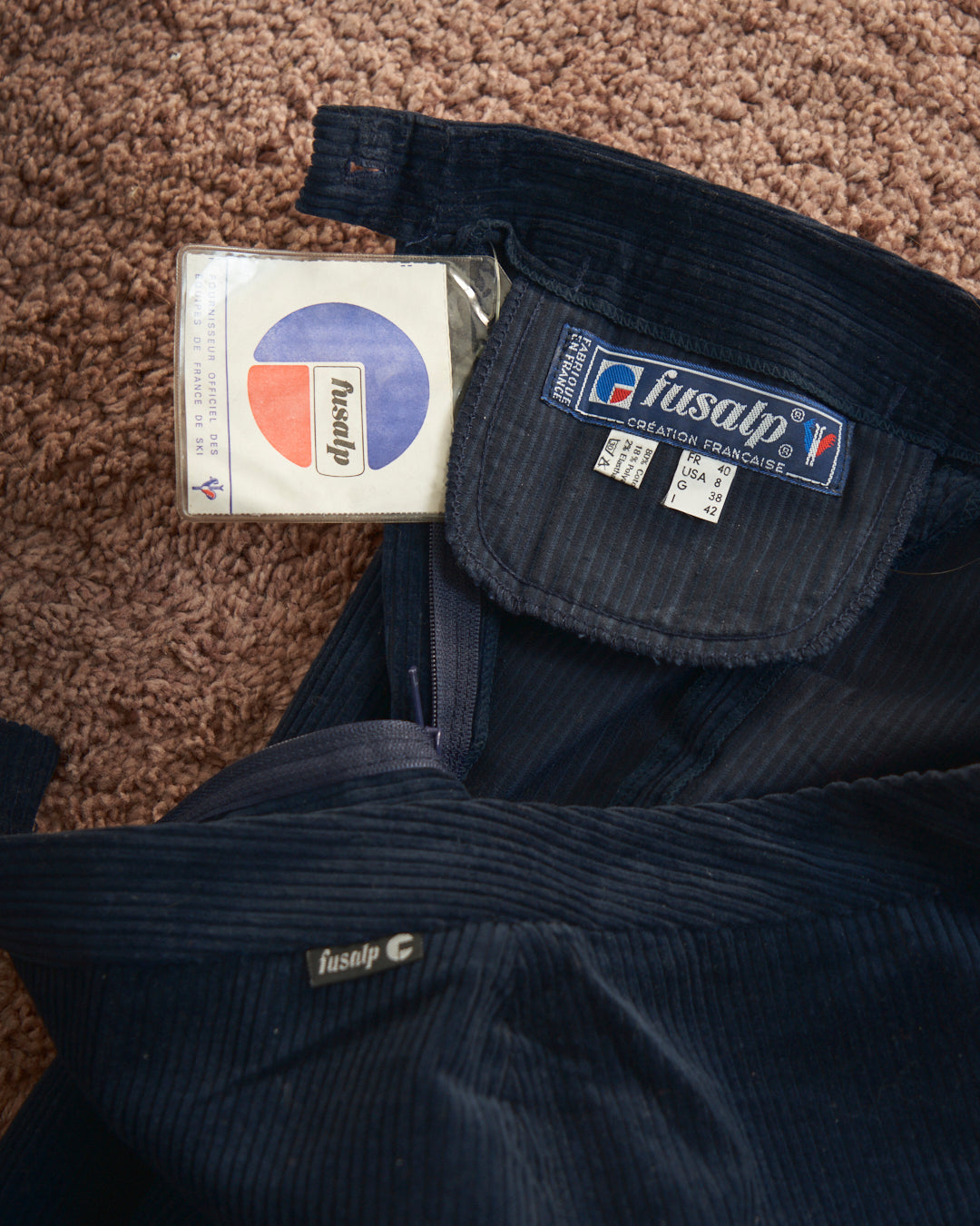 Pantalone anni 70 Fusalp in velluto a coste blu navy con cartellino