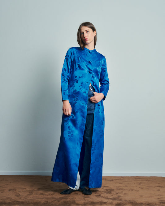 Cappotto anni 60 in tessuto jacquard blu reale