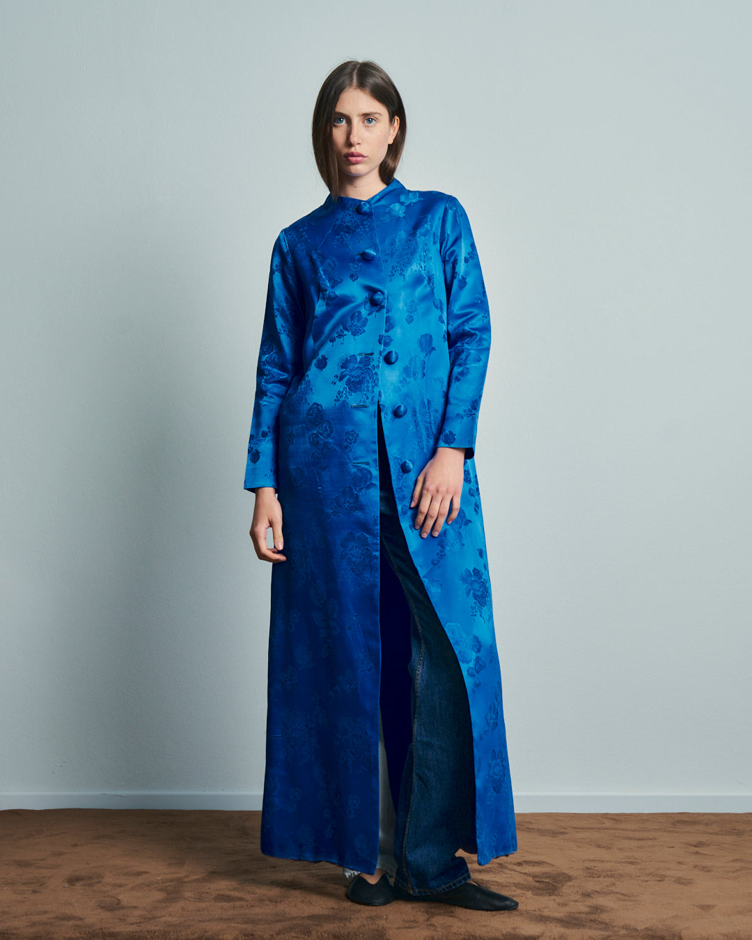 Cappotto anni 60 in tessuto jacquard blu reale