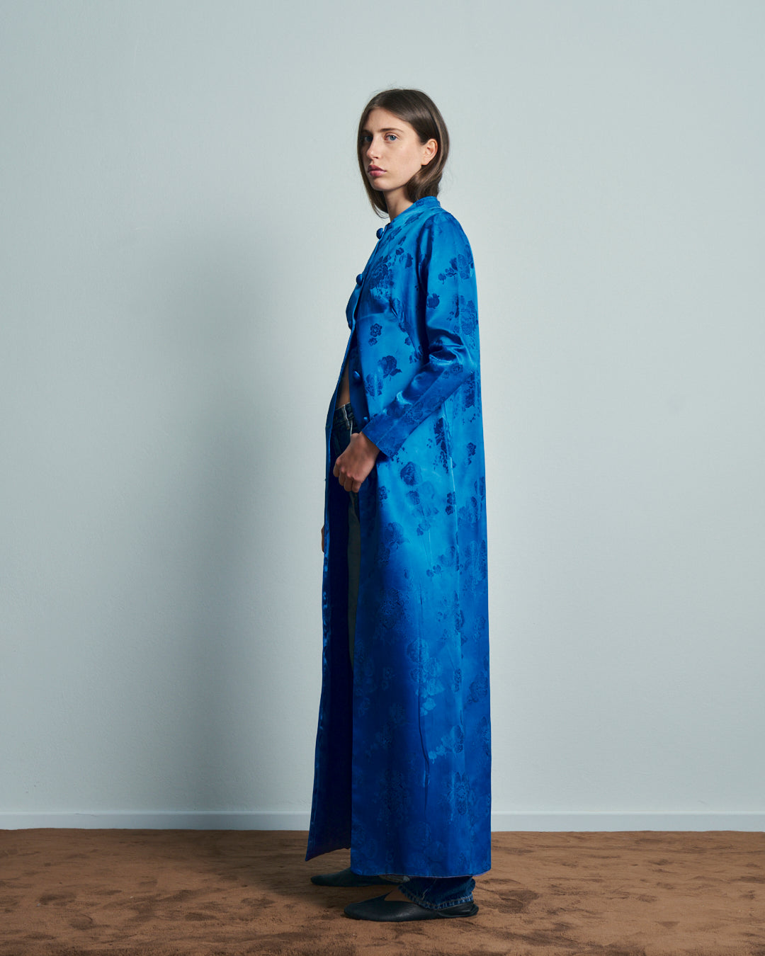Cappotto anni 60 in tessuto jacquard blu reale