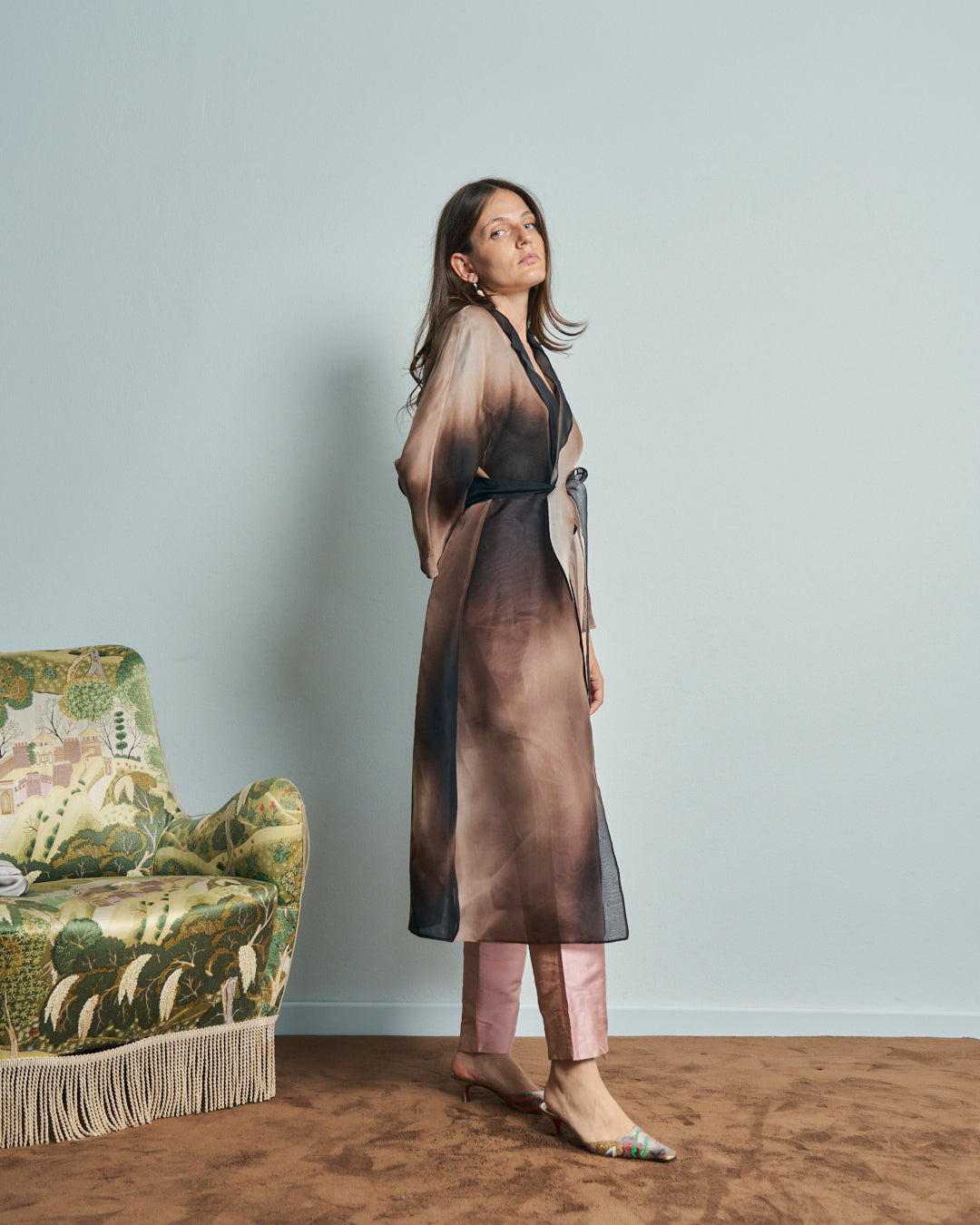 Spolverino in organza di seta con cintura