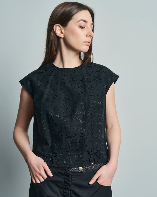 Top anni 60 in tessuto jacquard nero con fiocchi e bottoni ricoperti