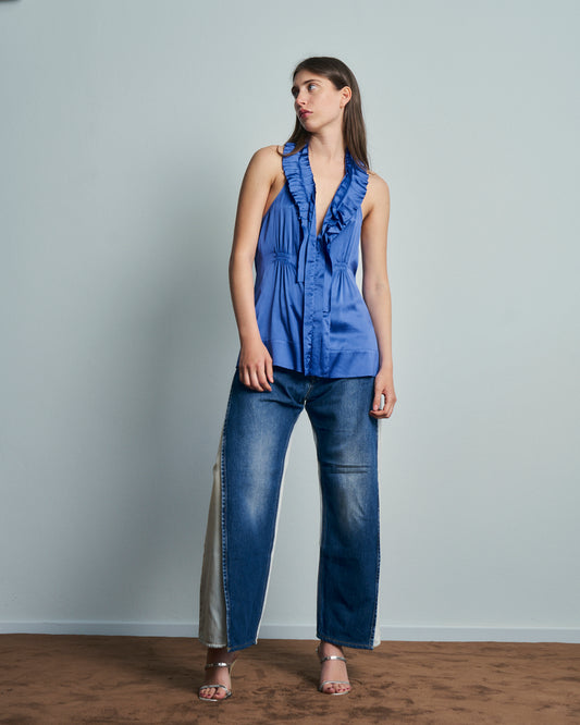 Top in seta bluette BCBG MAXAZRIA anni 2000